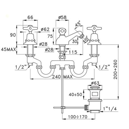 Stella Italica Смеситель для биде на 3 отверстия 3601, с донным клапаном, цвет: хром, артикул IT 00201 CR00