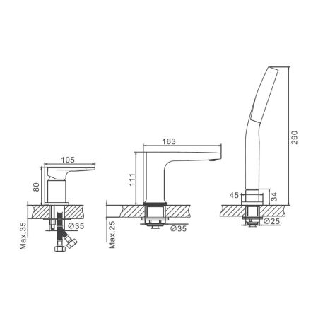 Смеситель на борт ванны BELZ B66713-3, оружейная сталь