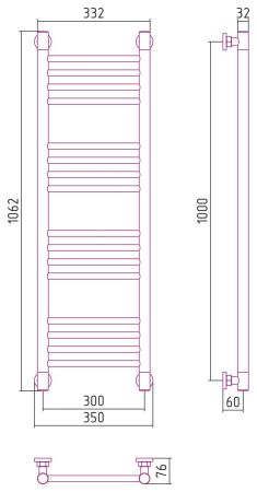 Полотенцесушитель, Сунержа, Богема +, прямая, водяной, ширина, мм-350, глубина, мм-76, высота, мм-1062, межосевое расстояние-300, подключение-диагональное/нижнее/вертикальное, температура теплоносителя-до 95°С, мощность-Вт-406, присоединительный размер-НР, артикул 12-0220-1030