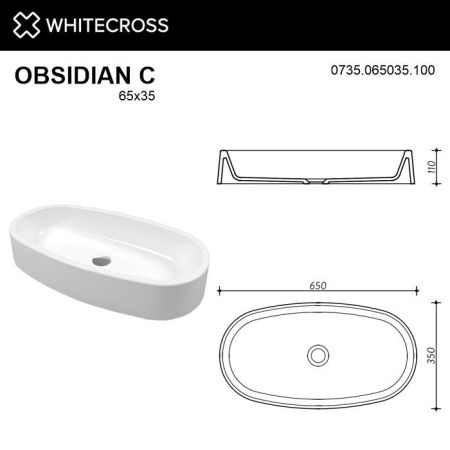 Умывальник WHITECROSS Obsidian C 65x35 (белый глянец) иск. камень, артикул 0735.065035.100