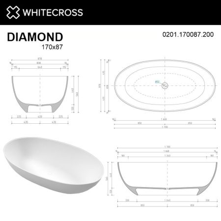Ванна WHITECROSS Diamond 170x87 (белый мат) иск. камень, артикул 0201.170087.200