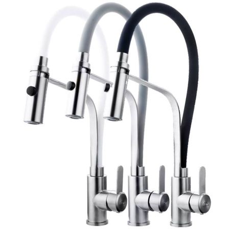 Смеситель для кухни с гибким изливом FASHUN A54112-7, сатин/черный