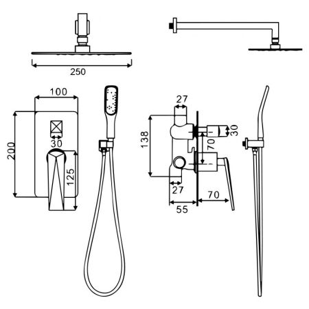 Смеситель встроенный + верхний душ + ручной душ ЧЕРНЫЙ+ЗОЛОТО, артикул 384-B