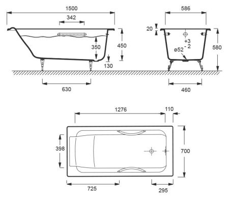 E2949-00 ванна PARALLEL /150x70/ (бел) с отв. под ручки, артикул E2949-00