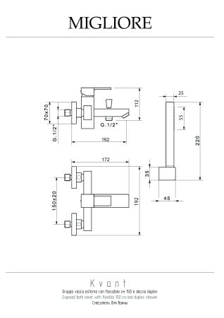 KVANT Смеситель для ванны моноком. внешний, с душем, хром, артикул 18770