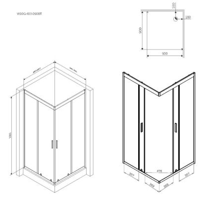 W90G-403-090BT Душевое ограждение Gem Square Slide 90x90 стекло прозрачное, профиль черный матовый,, артикул W90G-403-090BT