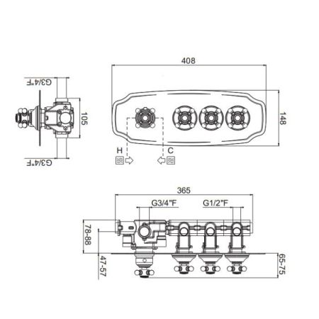 Carimali COLONIAL  Внешняя часть горизонтальная термостатического смесителя на 3 потребителя. Colonial пластина and ручки. хром