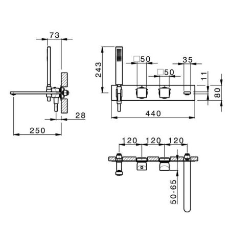 CISAL HI-RISE Смеситель для ванны настенный встраиваемый, термостатический, с изливом и ручным душем, внешняя часть, цвет хром, артикул RI01944021