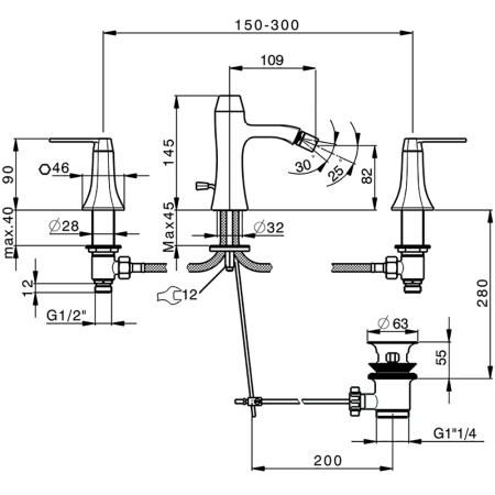CISAL Cherie Смеситель для биде на 3 отверстия, с донным клапаном, цвет золото/черный, артикул CF0012207C