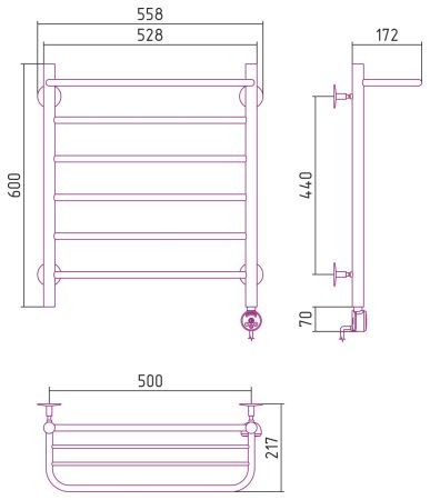 Электрический полотенцесушитель СТИЛЬЕ "Формат 20 ТП" 600х500 (Полка + 5) П16 (Без покрытия)