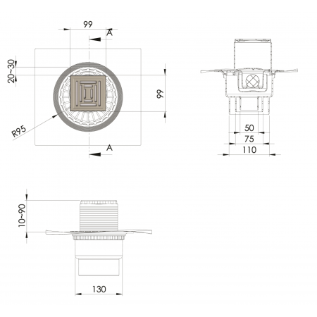 Трап BERGES водосток ZENTRUM Uno 100х100, матовый хром, выпуск D50/75/110 H74 вертикальный, артикул 090471