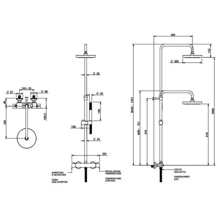 BONGIO Душевая стойка с термостатическим смесителем, верхним душем Ø200 мм., ручным душем и шлангом, цвет хром, артикул 32557CRRDPR