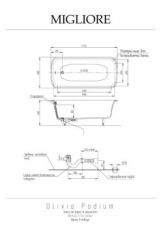 OLIVIA PODIUM Ванна 174x83 см. белая, слив/перелив золото (встраиваемая в подиум), артикул 24379