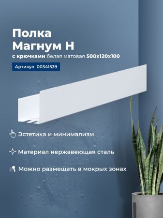 Полка Aquanet Магнум Н 50x12 белая матовая, с крючками, артикул 00341539