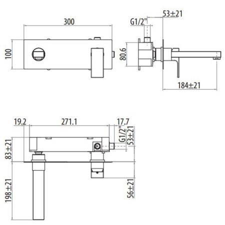 GATTONI Kubik Смеситель встраиваемый с коробкой горизонтальный, излив 190мм, цвет хром, артикул 2535/25COcr