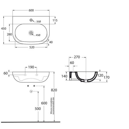 AZZURRA NUVOLA Раковина с 1 отв под смеситель 60х45см, цвет белый