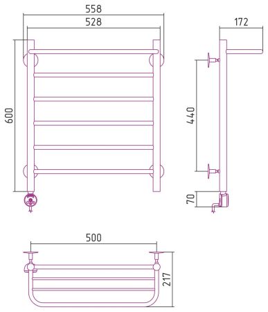 Электрический полотенцесушитель СТИЛЬЕ "Формат 20 ТЛ" 600х500 (Полка + 5) П16 (Без покрытия), артикул 00521-6050