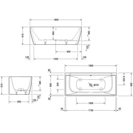 Duravit Vitrium Ванна прямоугольная  пристенная 1800x800мм, с ножками, с2 наклонами для спины, цвет матовая корица, артикул 700429HC