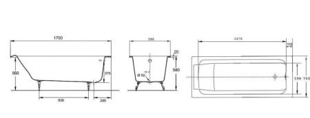 Ванна JACOB DELAFON PARALLEL (170*70) E2947-S-00 (белый, перелив стандарт.), шт, артикул E2947-S-00