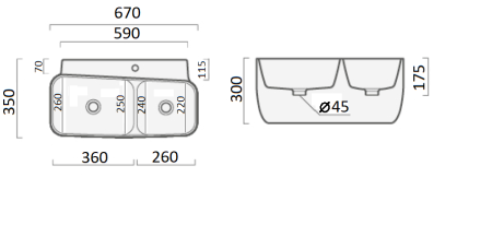 Раковина подвесная Cerutti SPA Double MARCO (670x350x300)