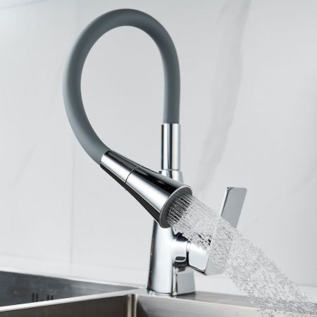 Смеситель для кухни с гибким изливом Shevanik S543-9, хром/серый