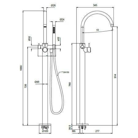 Смеситель для ванны и душа, Almar, тип открывания воды-однорычажный, тип регулирования воды-керамический картридж, монтаж-напольный, отверстия для монтажа-1, вынос излива, мм-277, в комплекте-ручной душ, держатель ручного душа, шланг,мм-1500, внутренняя ч, артикул E216000.CR