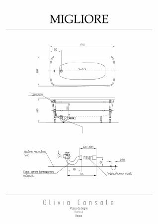 OLIVIA CONSOLE Ванна 174x83хH66 см. белая, панель черная, консоль, слив/перелив бронза, артикул 24381