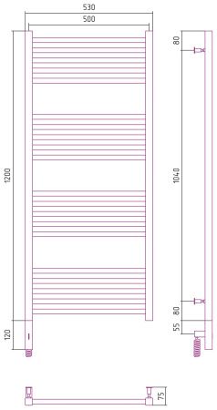 Полотенцесушитель, Сунержа, Модус 3.0, электрический, ширина, мм-530, глубина, мм-75, высота, мм-1320, межосевое расстояние-500, нагревательный элемент-ТЭН, подключение-нижнее слева, электрокомплект-МЭМ, мощность, Вт-300, материал-нержавеющая сталь, назна