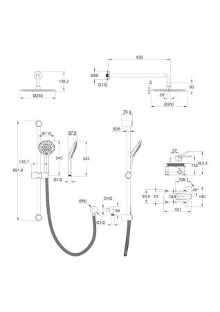 Душевая система Cersanit MODUO встраиваемая (смеситель стандартный) 5 режимов шланг 150 металл хром (64087), артикул 64087
