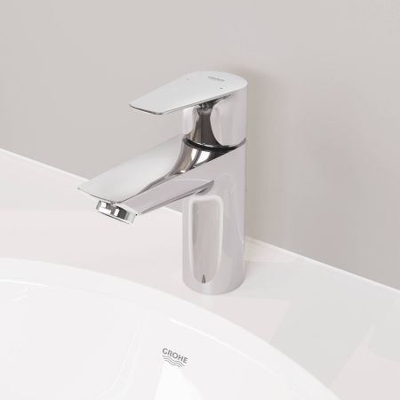 Смеситель для раковины GROHE BauEdge с ограничителем температуры и рычажным донным клапаном, размер M, хром (23758001)