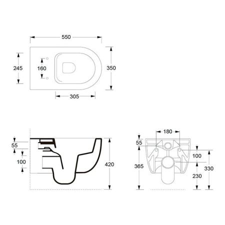 Унитаз, Alice, Unica, безободковый (с открытым смывным краем), тип установки-подвесной, ширина, мм-350, глубина, мм-550, высота, мм-345, форма чаши-овальная, выпуск-горизонтальный, материал-керамика, сиденье-необходимо заказать, вид грязеотталкивающего по, артикул 32240109