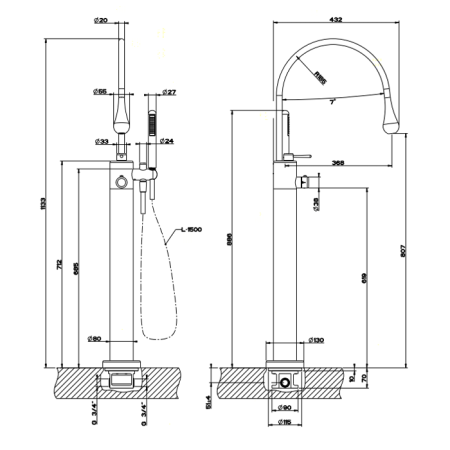 Gessi Goccia Внутренняя часть напольного термостатического смесителя для ванны 3/4''