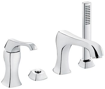 Emmevi Ares, комплект однорычажного смесителя на борт ванны (излив 19,2 см), на 4 отверстия, с набором для душа, цвет брашированное золото