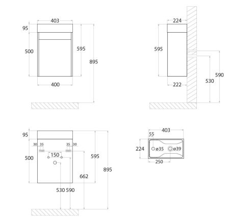 FAMILY База под раковину подвесная с одной распашной дверцей, Bianco Lucido, 400x220x500, Family-400-1D-SO-BL, артикул Family-400-1D-SO-BL
