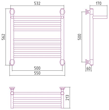 Полотенцесушитель водяной "БОГЕМА 1П +" 500х500 (Без покрытия), артикул 00-0223-5050