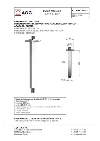 AQG, потолочный квадратный кронштейн STYLO длиной 20 см, для верхнего душа, цвет хром, артикул 12STY0120