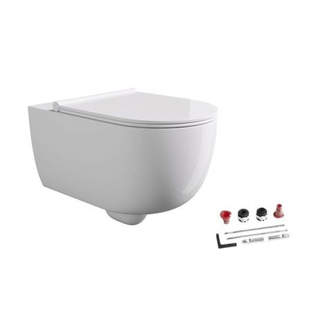 Унитаз, Alice, Unica, безободковый (с открытым смывным краем), тип установки-подвесной, ширина, мм-350, глубина, мм-550, высота, мм-345, форма чаши-овальная, выпуск-горизонтальный, материал-керамика, сиденье и крышка с микролифтом-в комплекте, вид грязеот, артикул 32240101SET