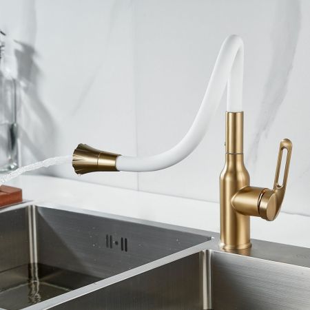 Смеситель для кухни с гибким изливом Raffine F303G-1, золотой сатин, артикул F303G-1