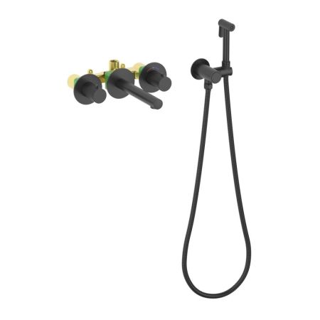 Смеситель для раковины встроенный с термостатом, с гигиеническим душем Timo Saona черный (2383/03SM), артикул 2383/03SM