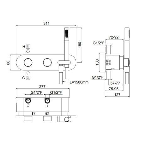 Внутрення часть, Carimali,  для прогрессивного смесителя c держателем для душа, на 3 выхода, стандарт подвода воды-1/2", цвет-хром, артикул W21939CR