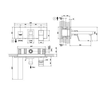Gessi Rettangolo K Встраиваемый смеситель с изливом и переключателем PULL(внешние части), цвет: черный, артикул 53138#299