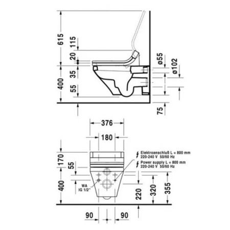 Унитаз, Duravit, Durastyle, ширина, мм-370, глубина, мм-620, высота, мм-345, тип установки-подвесной, форма чаши-прямоугольная, выпуск-горизонтальный, декор-без декора, материал-керамика, сиденье с функцие биде-необходимо заказать, крепёж-есть, цвет-белый, артикул 2537590000