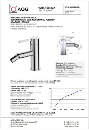 AQG Urban, однорычажный смеситель для биде без донного клапана, цвет хром, артикул 01URB200CR