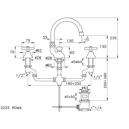 Stella Roma Смеситель для раковины на 3 отверстия 3225, с донным клапаном, цвет: хром, артикул RM 00015 CR00