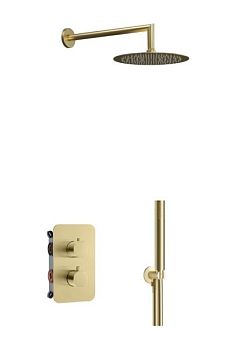 AQG Aqua, душевой комплект на 2 потребителя:c термостатом, с круглым верхним душем 25х25 см и кронштейном, цвет матовое золото (PVD)