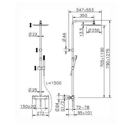 CISAL Less New Настенная душевая система:термостатический смеситель для душа,верхний душ,ручной душ с держателем и шлангом, цвет хром, артикул LNC8402D21