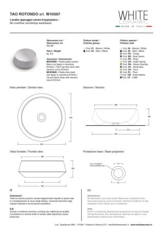 White Tao, накладная круглая раковина Ø42x18h см, цвет белый глянцевый, артикул W1050701
