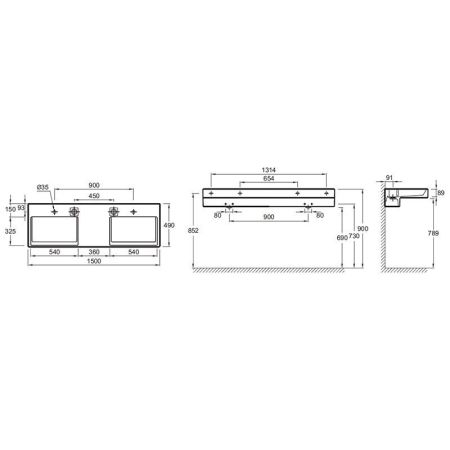 EXA9112-00 раковина-столешница TERRACE двойной, с подсветкой /150х49/ (бел), артикул EXA9112-00