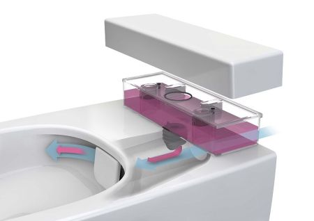 Metropole Rim-Ex Подвесной безободковый унитаз 56 см с функциями VitrAflush и VitrAfresh, с емкостью для чистящей жидкости, с функцией биде и встроенным смесителем, артикул 7672B003-1687