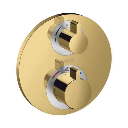 Смеситель для душа, Hansgrohe, Ecostat S, тип открывания воды-вентильный, тип регулирования воды-термостатический картридж, монтаж-вертикальный встраиваемый (настенный), отверстия для монтажа-1, внутренняя часть-необходимо заказать, цвет-шлифованное золот, артикул 15758990